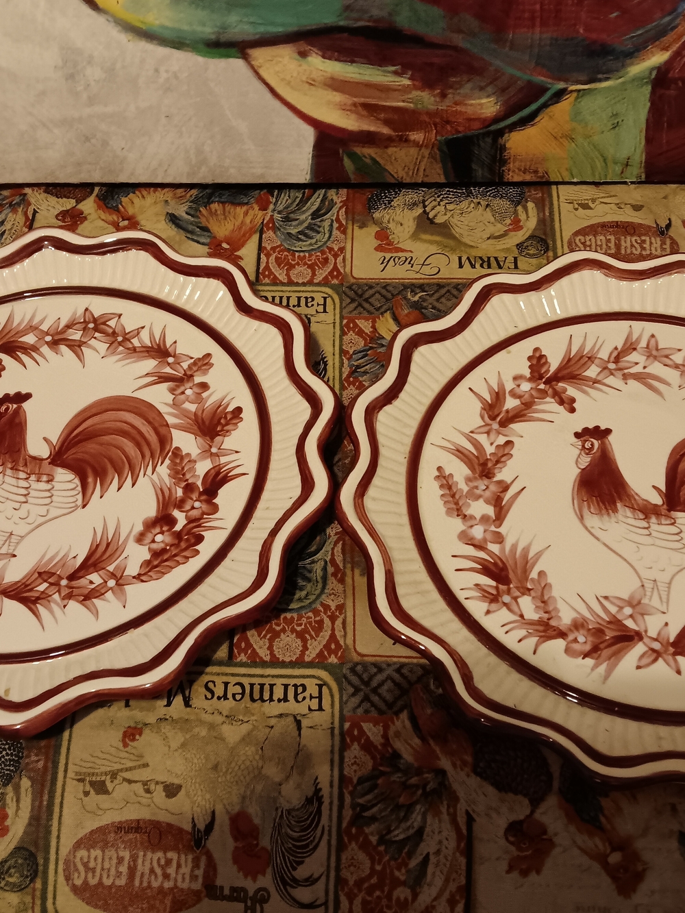 Set of 2 Decorative Rooster Dinner Plates - Red and White